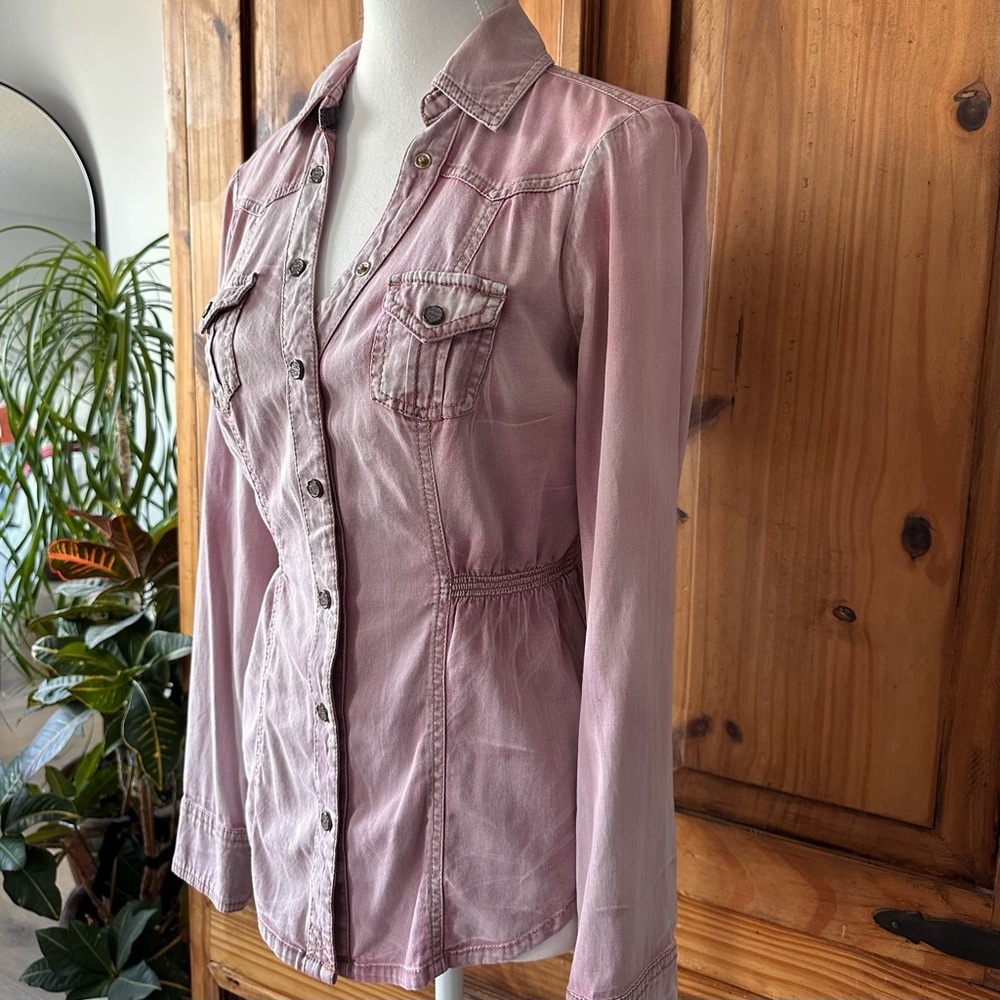 Vintage Y2K Guess Los Angeles Faded Washed Pink Button Up Shirt Cinch Waist - M - Picture 9 of 15
